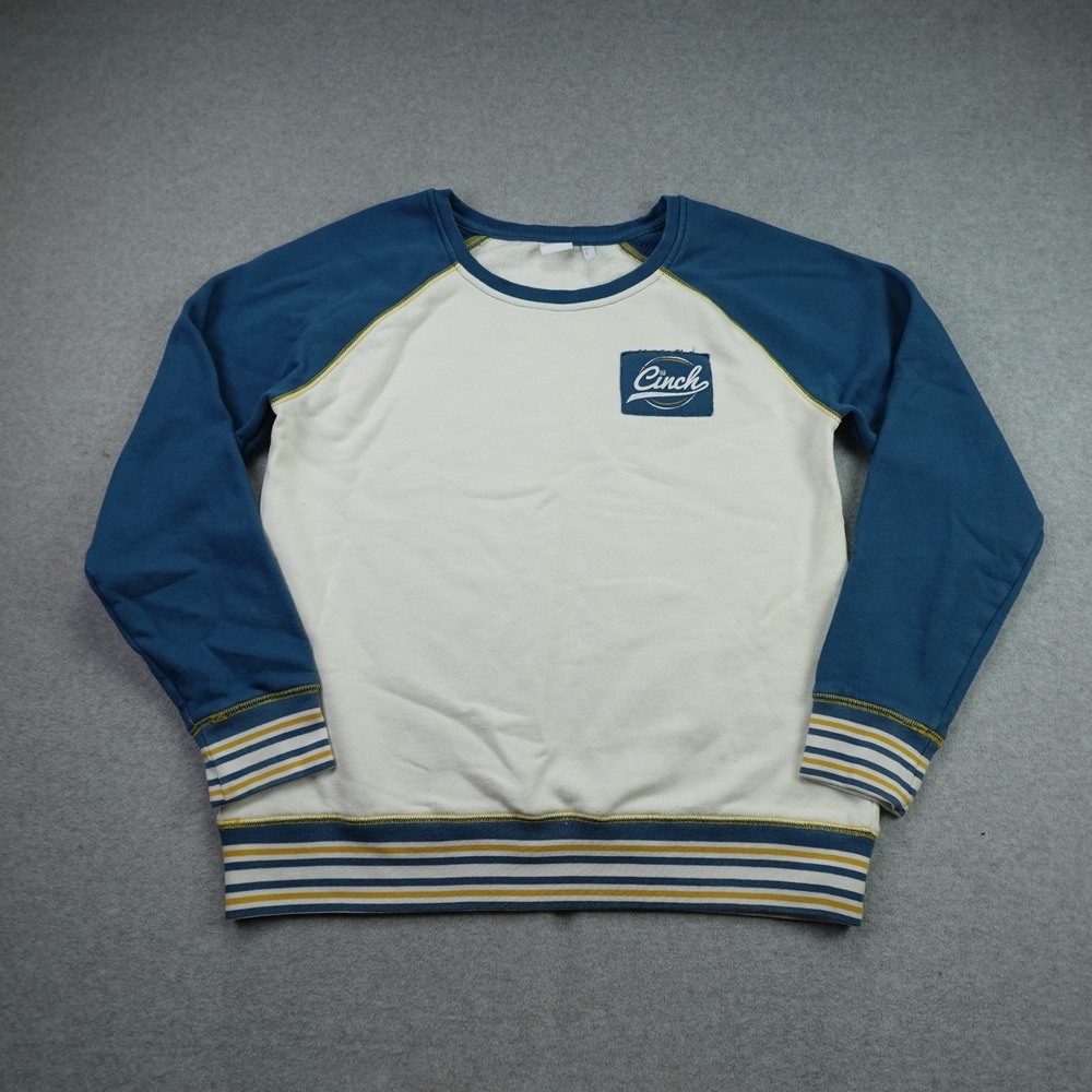 Cinch Sweatshirt Womens M White Blue Western Raglan Pullover Logo